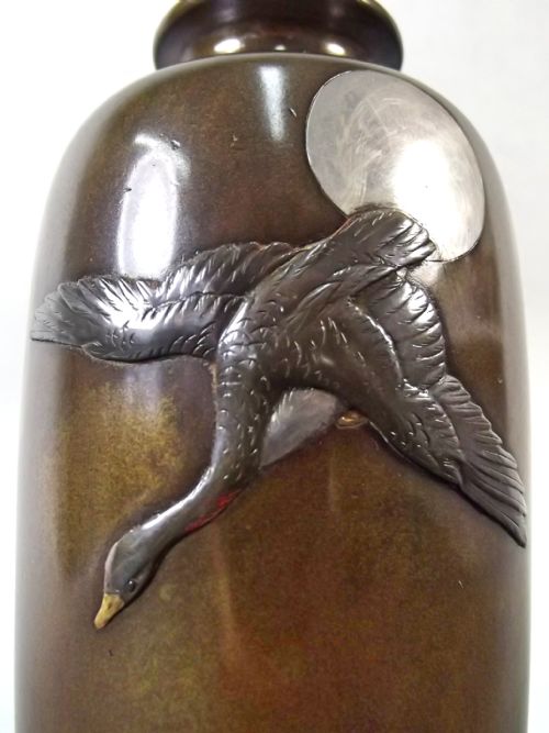 PR JAPANESE MEIJI PERIOD ONLAID BRONZE GOOSE VASES - ADDITIONAL PHOTO 4