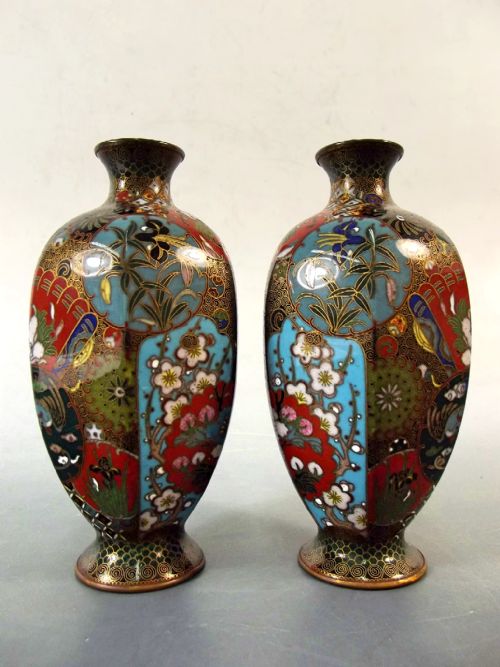 pair japanese meiji period cloisonne enamel vases - CATEGORY: ANTIQUE VASES - DATED 1890