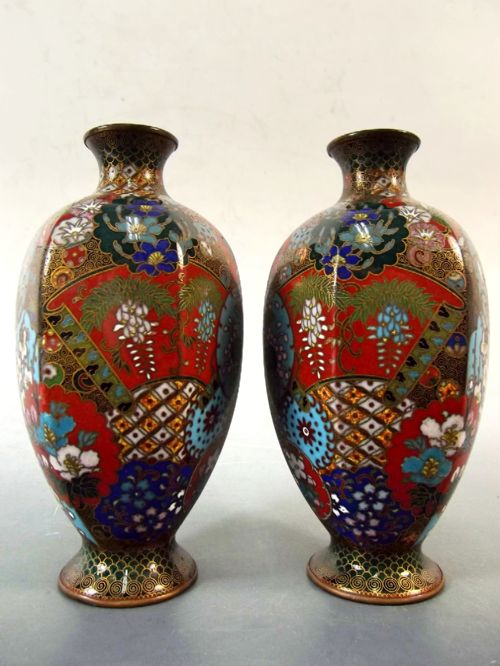 PAIR JAPANESE MEIJI PERIOD CLOISONNE ENAMEL VASES - ADDITIONAL PHOTO 3