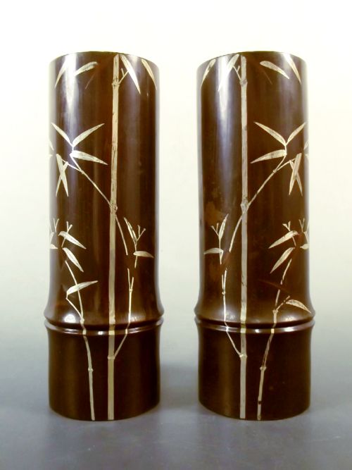 pair japanese meiji period bronze mixed metal bamboo vases signed - CATEGORY: ANTIQUE METAL - DATED 1880