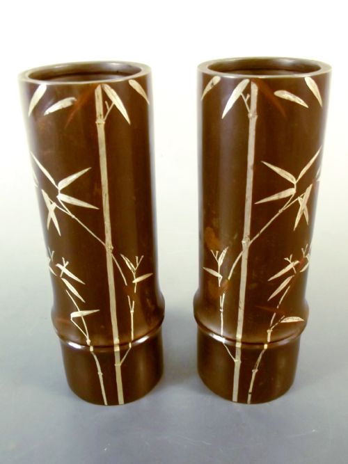 PAIR JAPANESE MEIJI PERIOD BRONZE MIXED METAL BAMBOO VASES SIGNED - ADDITIONAL PHOTO 1