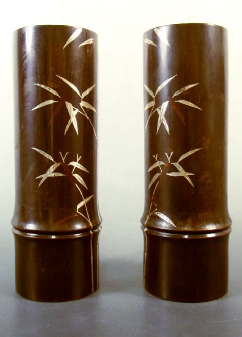 PAIR JAPANESE MEIJI PERIOD BRONZE MIXED METAL BAMBOO VASES SIGNED - ADDITIONAL PHOTO 2