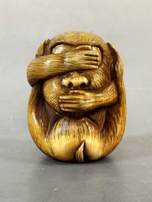 japanese meiji period ivory monkey netsuke signed hideyuki - CATEGORY: ANTIQUE MISCELLANEOUS - DATED 1870