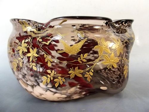 large harrach oxblood glass variegated vase gilt decoration c1890 - CATEGORY: ANTIQUE GLASS - DATED 1890