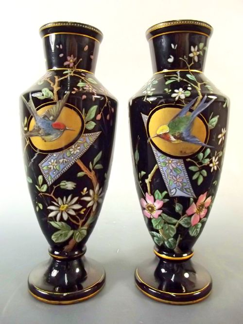pair harrach opaque glass vases japanesque decoration c1890 - CATEGORY: ANTIQUE GLASS - DATED 1890