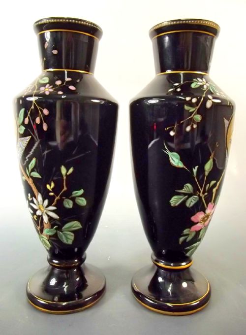 PAIR HARRACH OPAQUE GLASS VASES JAPANESQUE DECORATION C1890 - ADDITIONAL PHOTO 1