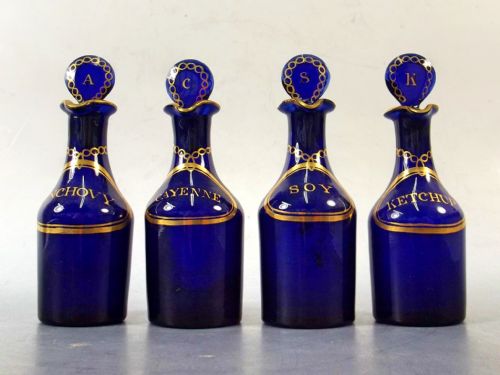 set 4 georgian bristol blue glass condiment bottles c1820 - CATEGORY: ANTIQUE GLASS - DATED 1800