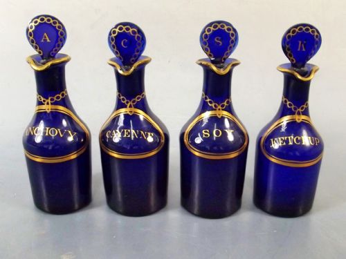 SET 4 GEORGIAN BRISTOL BLUE GLASS CONDIMENT BOTTLES C1820 - ADDITIONAL PHOTO 1