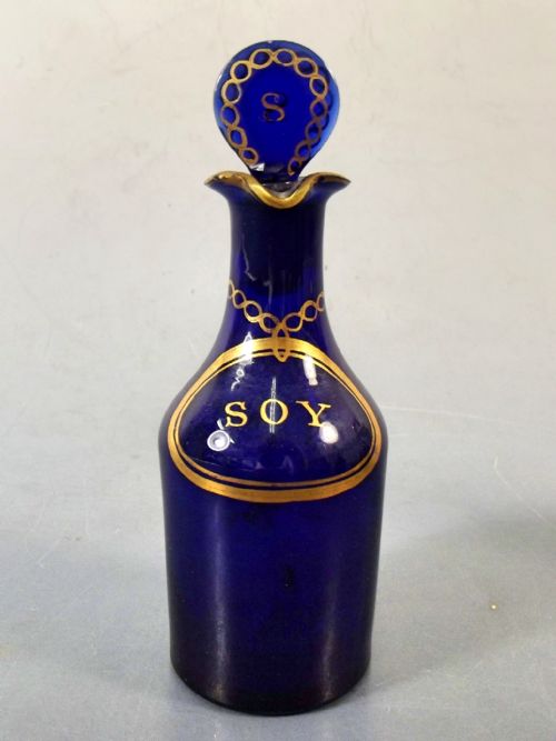 SET 4 GEORGIAN BRISTOL BLUE GLASS CONDIMENT BOTTLES C1820 - ADDITIONAL PHOTO 3