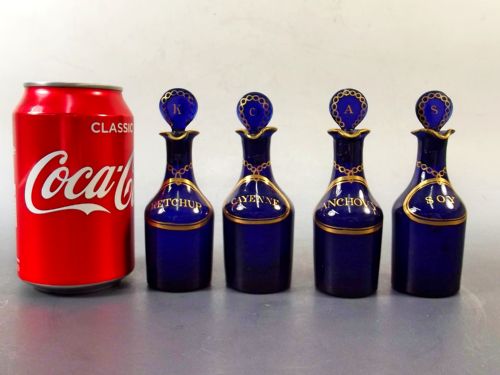 SET 4 GEORGIAN BRISTOL BLUE GLASS CONDIMENT BOTTLES C1820 - ADDITIONAL PHOTO 10