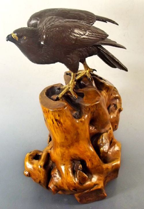 japanese meiji period bronze okimono goss hawk on rootwood stand - CATEGORY: ANTIQUE METAL - DATED 1890