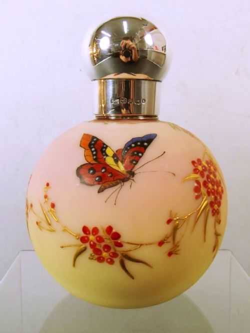 t webb silver top painted burmese glass perfume bottle - CATEGORY: ANTIQUE SILVER - DATED 1880