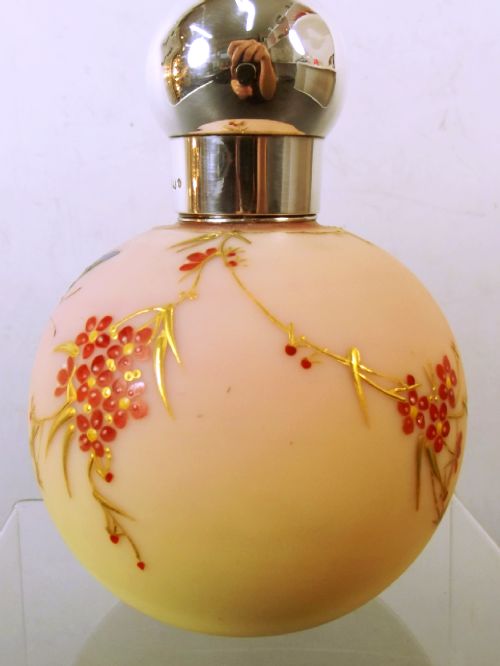 T WEBB SILVER TOP PAINTED BURMESE GLASS PERFUME BOTTLE - ADDITIONAL PHOTO 1