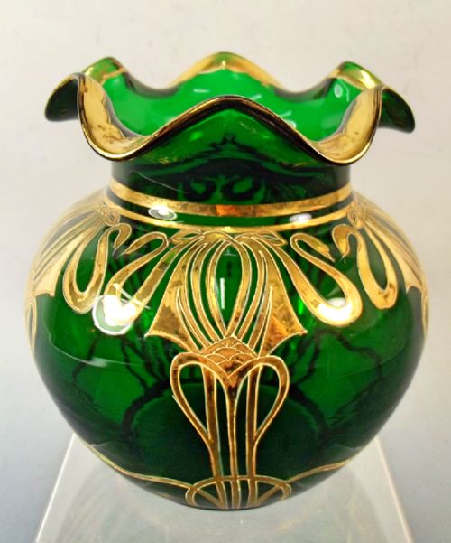 art nouveau josephinenhutte gilded emerald green glass vase - CATEGORY: ANTIQUE GLASS - DATED 1900