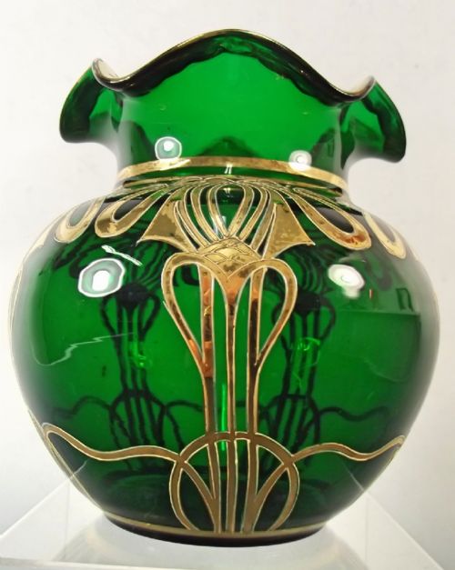 ART NOUVEAU JOSEPHINENHUTTE GILDED EMERALD GREEN GLASS VASE - ADDITIONAL PHOTO 1