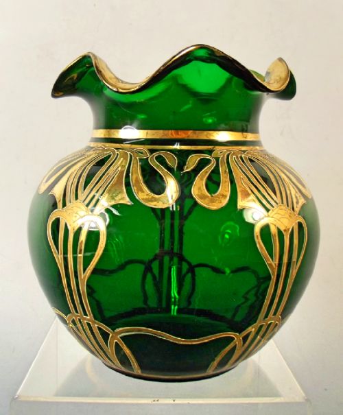 ART NOUVEAU JOSEPHINENHUTTE GILDED EMERALD GREEN GLASS VASE - ADDITIONAL PHOTO 2