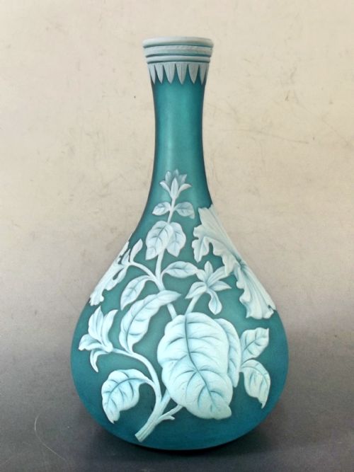 victorian thomas webb white on blue cameo glass vase - CATEGORY: ANTIQUE GLASS - DATED 1880