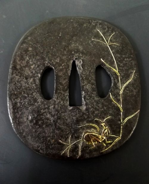 japanese edo period onlaid praying mantis tsuba - CATEGORY: ANTIQUE METAL - DATED 19TH CENTURY