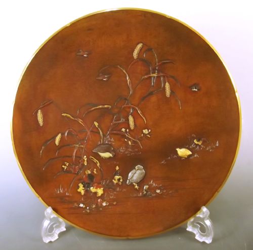 japanese meiji period mixed metal onlaid bronze quail charger - CATEGORY: ANTIQUE METAL - DATED 1880