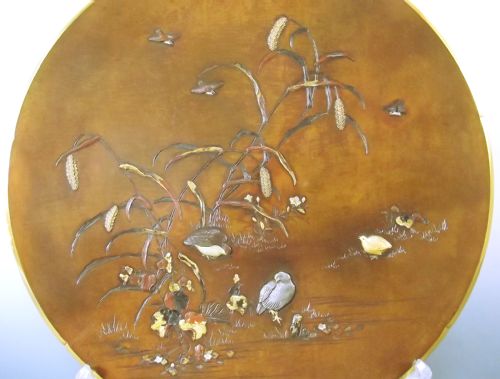 JAPANESE MEIJI PERIOD MIXED METAL ONLAID BRONZE QUAIL CHARGER - ADDITIONAL PHOTO 1