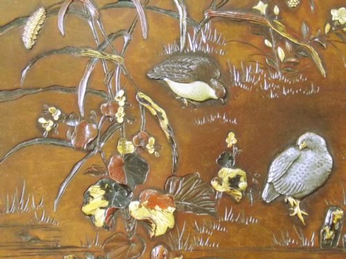JAPANESE MEIJI PERIOD MIXED METAL ONLAID BRONZE QUAIL CHARGER - ADDITIONAL PHOTO 2