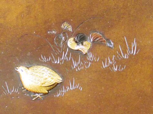 JAPANESE MEIJI PERIOD MIXED METAL ONLAID BRONZE QUAIL CHARGER - ADDITIONAL PHOTO 3