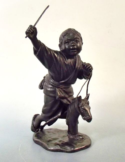 japanese meiji period signed bronze of boy with hobby horse okimono - CATEGORY: ANTIQUE METAL - DATED 1890