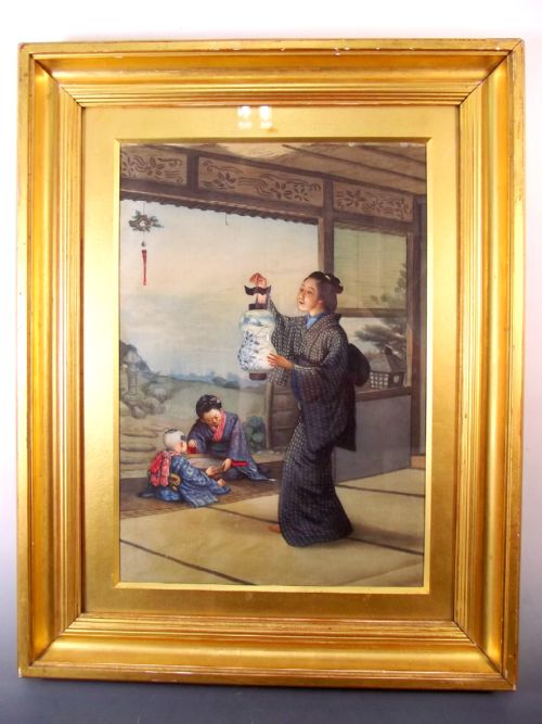 japanese meiji period painted silk in original frame - CATEGORY: ANTIQUE ART - DATED 1880