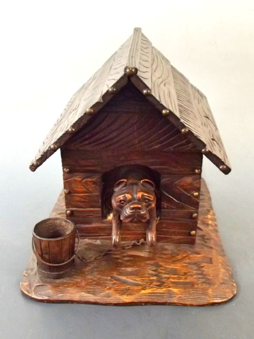 19th c carved wood dog in kennel humidor box - CATEGORY: ANTIQUE BOXES - DATED 1880