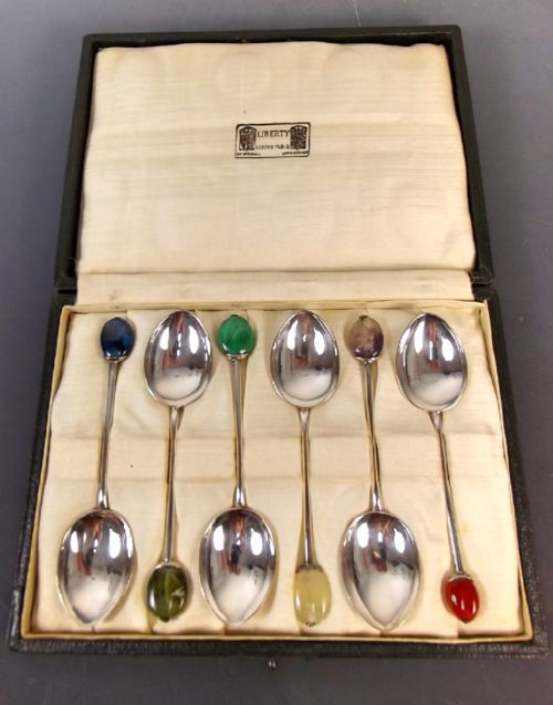 boxed set 6 silver and hardstone spoons by liberty co - CATEGORY: ANTIQUE SILVER - DATED 1920
