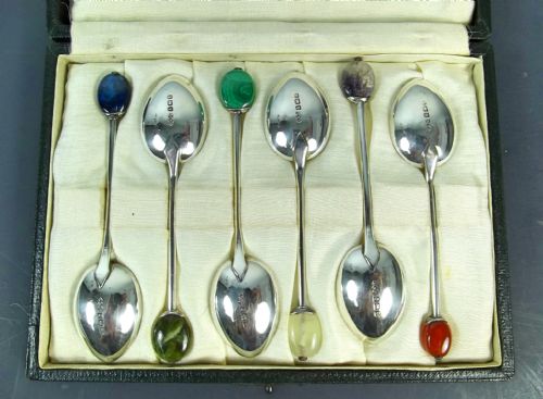BOXED SET 6 SILVER AND HARDSTONE SPOONS BY LIBERTY CO - ADDITIONAL PHOTO 1