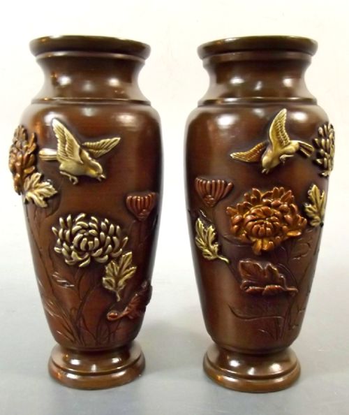 pair japanese meiji period bronze onlaid mixed metal vases - CATEGORY: ANTIQUE METAL - DATED 1890