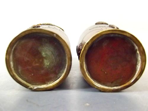PAIR JAPANESE MEIJI PERIOD BRONZE ONLAID MIXED METAL VASES - ADDITIONAL PHOTO 9