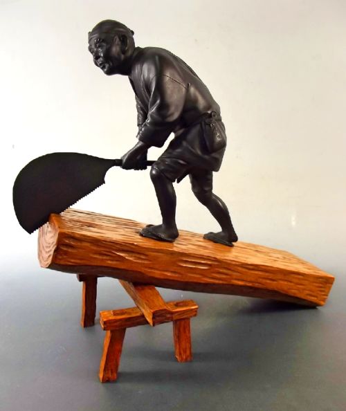 fabulous japanese mixed media tokyo school bronze wood cutter okimono - CATEGORY: ANTIQUE METAL - DATED 1890