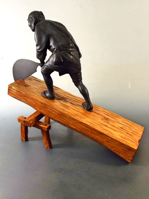FABULOUS JAPANESE MIXED MEDIA TOKYO SCHOOL BRONZE WOOD CUTTER OKIMONO - ADDITIONAL PHOTO 11