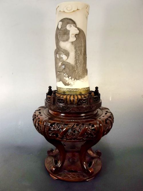 enormous japanese meiji period carved tusk vase on stand - CATEGORY: ANTIQUE MISCELLANEOUS - DATED 1890
