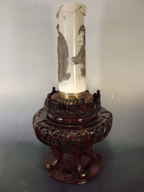 ENORMOUS JAPANESE MEIJI PERIOD CARVED TUSK VASE ON STAND - ADDITIONAL PHOTO 1