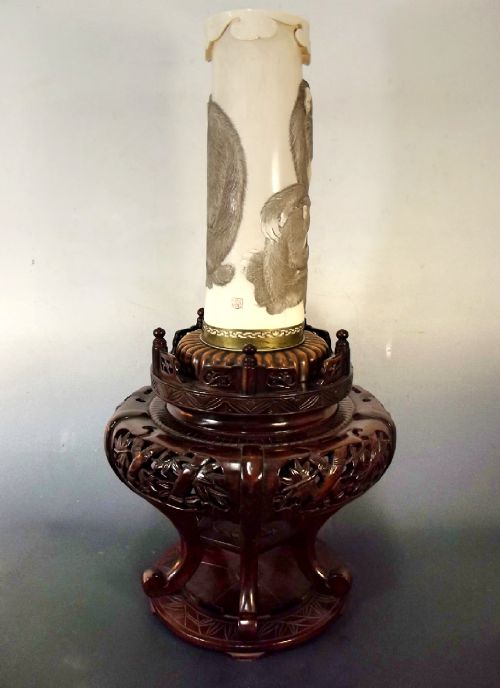 ENORMOUS JAPANESE MEIJI PERIOD CARVED TUSK VASE ON STAND - ADDITIONAL PHOTO 3
