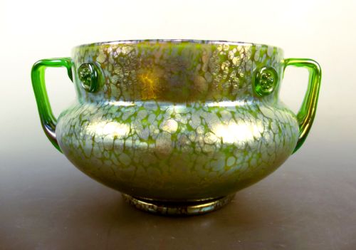 large loetz creta papillion blue on green bowl - CATEGORY: ANTIQUE GLASS - DATED 1900
