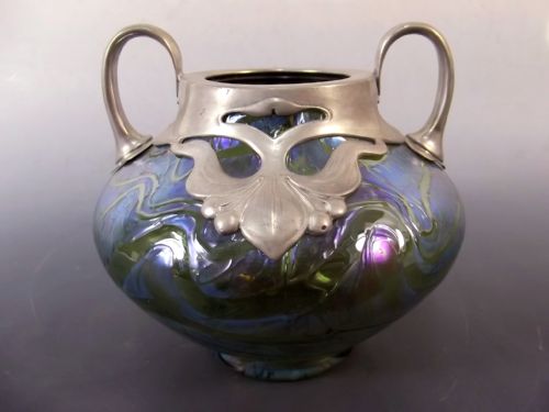art nouveau loetz blue on green pewter mounted vase - CATEGORY: ANTIQUE GLASS - DATED 1900