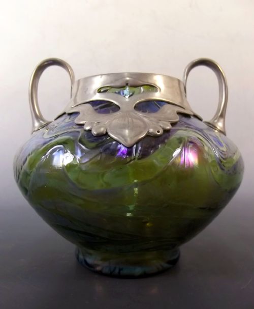 ART NOUVEAU LOETZ BLUE ON GREEN PEWTER MOUNTED VASE - ADDITIONAL PHOTO 1