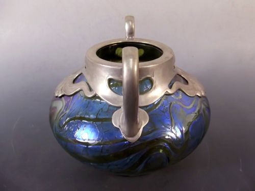ART NOUVEAU LOETZ BLUE ON GREEN PEWTER MOUNTED VASE - ADDITIONAL PHOTO 2