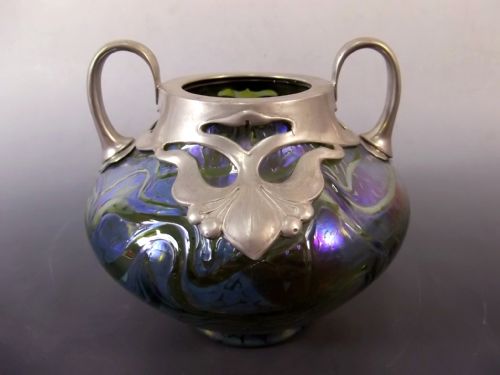 ART NOUVEAU LOETZ BLUE ON GREEN PEWTER MOUNTED VASE - ADDITIONAL PHOTO 3