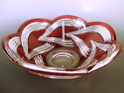 art deco val st lambert ruby over clear glass bowl - CATEGORY: ANTIQUE GLASS - DATED 1920