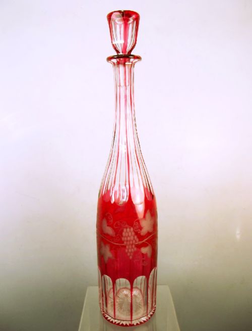 victorian cranberry and clear glass grape and vine decanter - CATEGORY: ANTIQUE GLASS - DATED 1890