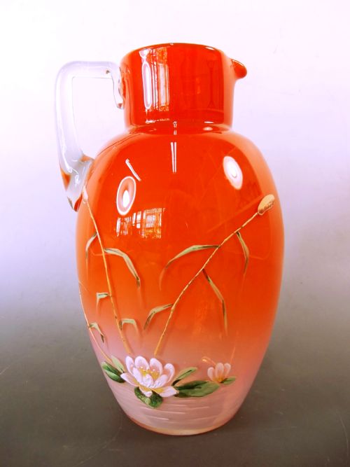 early loetz amber to opalescent glass water jug - CATEGORY: ANTIQUE GLASS - DATED 1880