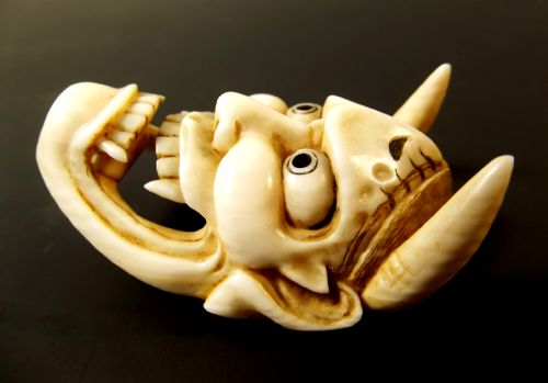 JAPANESE MEIJI PERIOD IVORY NOH MASK NETSUKE OF ONI HANNYA - ADDITIONAL PHOTO 1