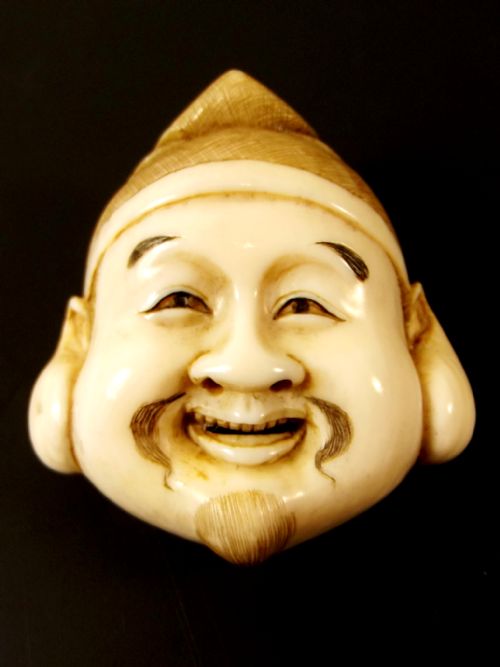 japanese meiji period ivory noh mask netsuke of ebisu - CATEGORY: ANTIQUE MISCELLANEOUS - DATED 1890