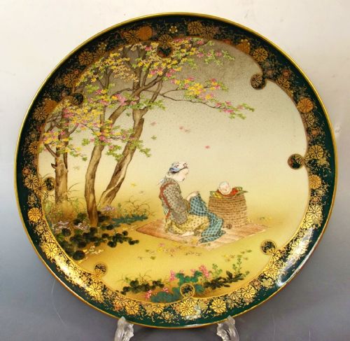 japanese satsuma plate on teal ground signed kinkozan - CATEGORY: ANTIQUE CERAMICS - DATED 1890