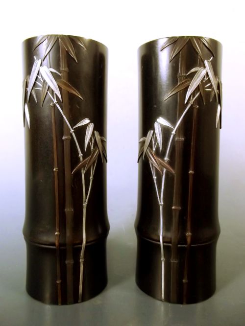 pr japanese meiji period onlaid bronze bamboo vases by nogawa - CATEGORY: ANTIQUE METAL - DATED 1880